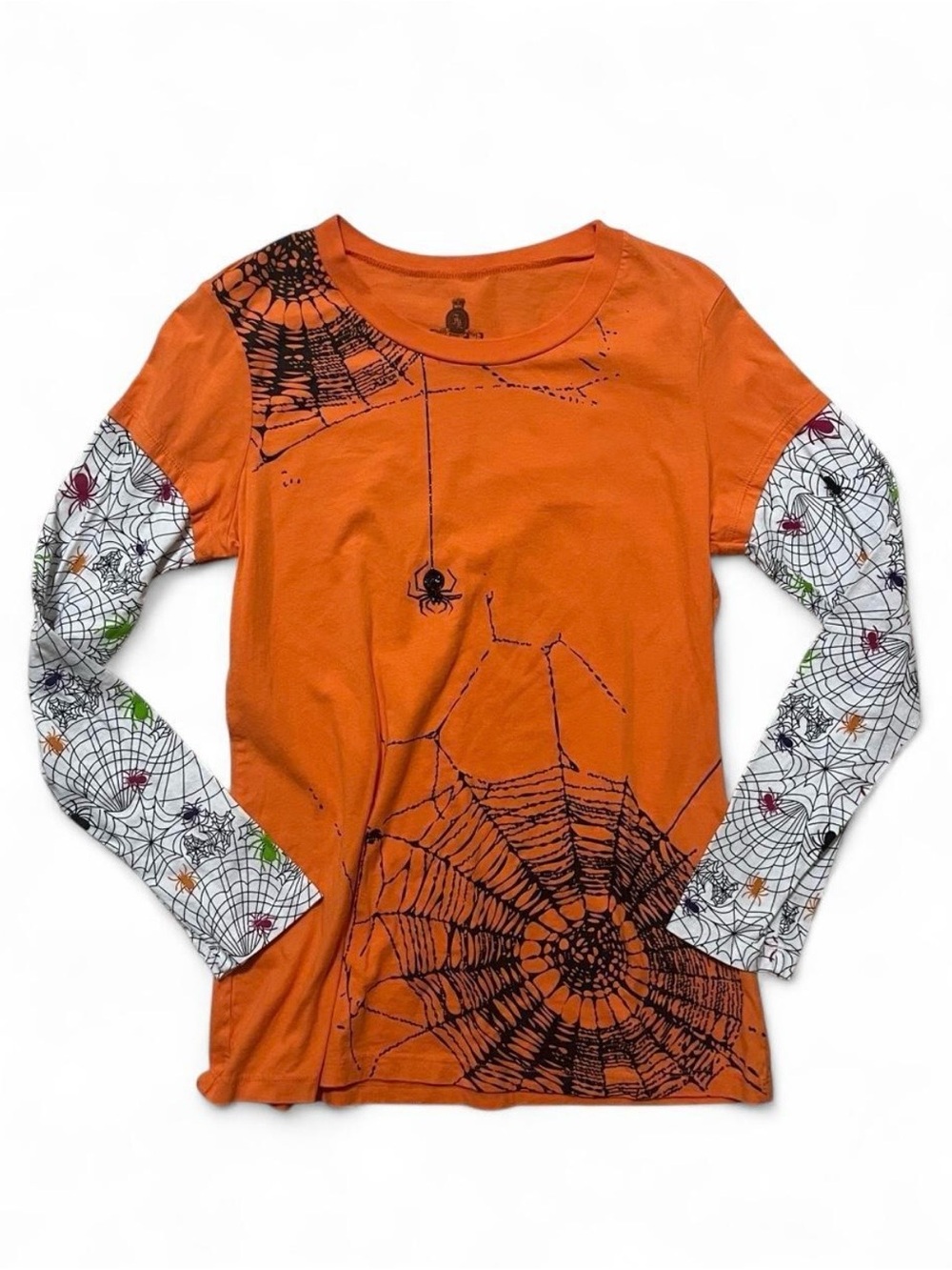 Halloween Orange Spiderweb Layered Long Sleeve Top